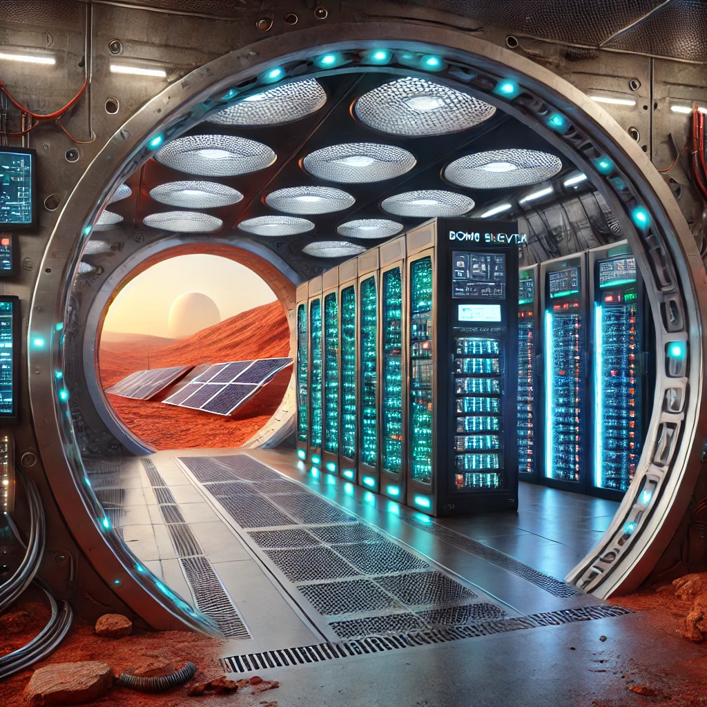 A futuristic data center located in a bomb shelter on Mars. The data center is filled with advanced servers and network equipment, all glowing.