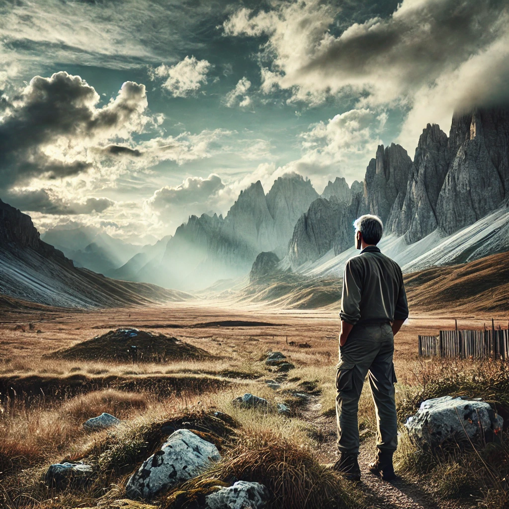 A middle-aged man stands at the edge of a vast open field, looking out towards distant towering mountains. The landscape before him is rugged and fill